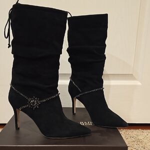 Badgley Mischka Black Heeled Boots, Leather Suede, Rhinestone